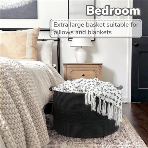 Extra Large Black Laundry Basket, Rope Storage Basket for Bathroom, Bedroom - Picture 11 of 16